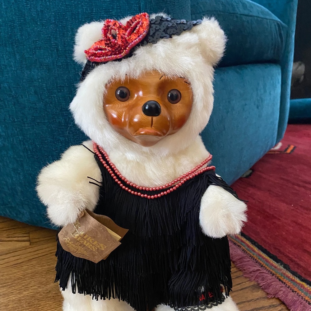 Raikes Teddy Bear Doll "Zelda" in Fancy Dress, Carved Wooden Face, Boxed